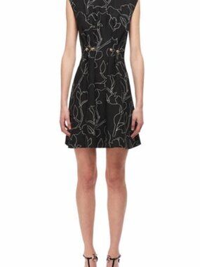 CARVEN Black White Abstract Floral Jewel Neck Stud Pintuck Pleated Dress Size xs